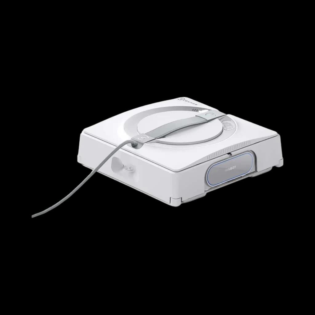 Robot lave-vitres Ecovacs Winbot W2 Pro Omni blanc, compact carré, triple buse frontale, bouton Winbot latéral, dragonne supérieure et câble