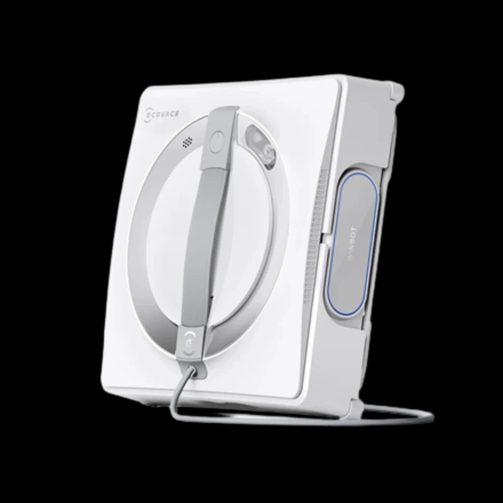 Robot lave-vitres Ecovacs Winbot W2 Pro Omni blanc, design carré compact, poignée frontale grise, buse latérale bleue, câble d’alimentation visible