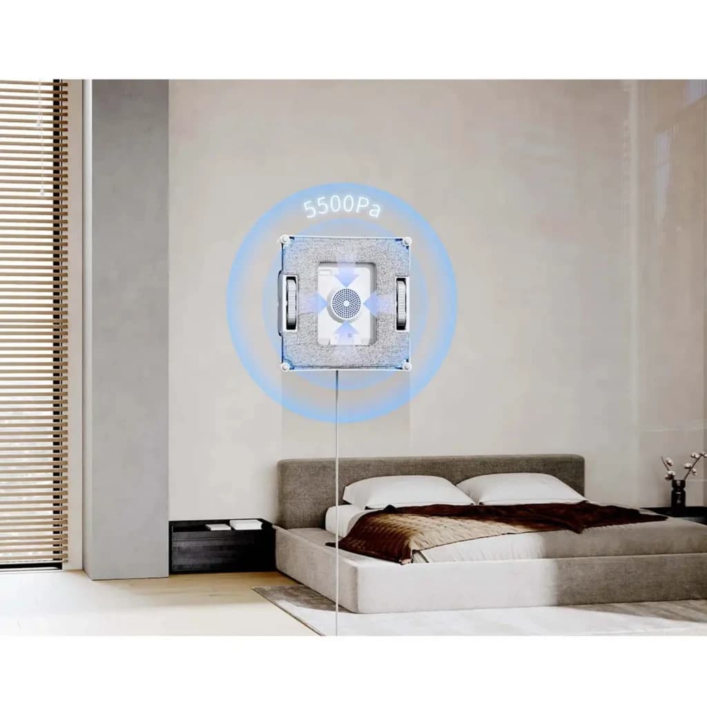 Robot lave-vitres carré fixé à la vitre avec poignées latérales, triple buse centrale, câble de sécurité et puissance 5500 Pa pour nettoyage précis