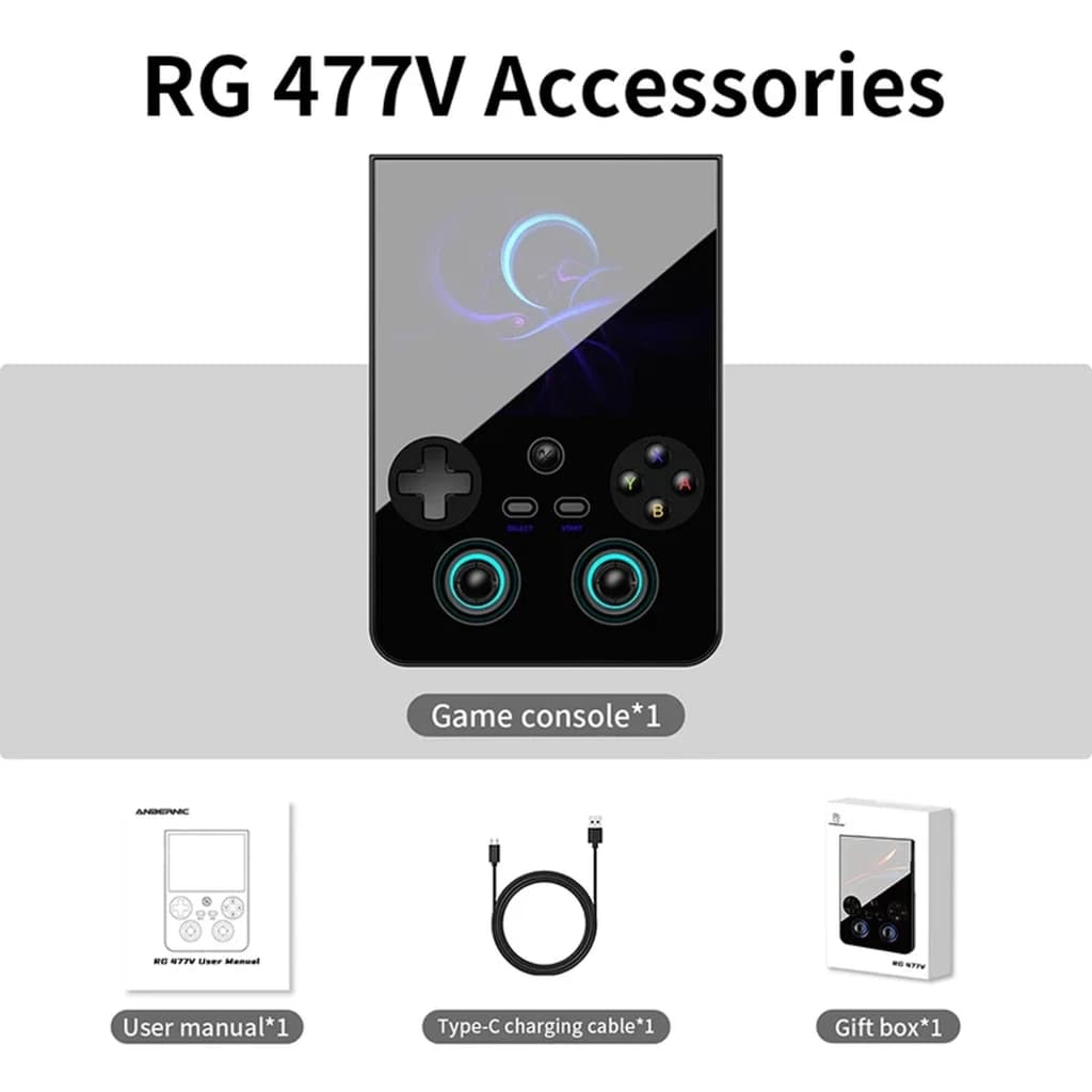 Anbernic RG477V 8GB/128GB Negro con pantalla vertical, cruceta clásica, botones ABXY, doble joystick circular iluminado y puerto USB tipo C; incluye cable y