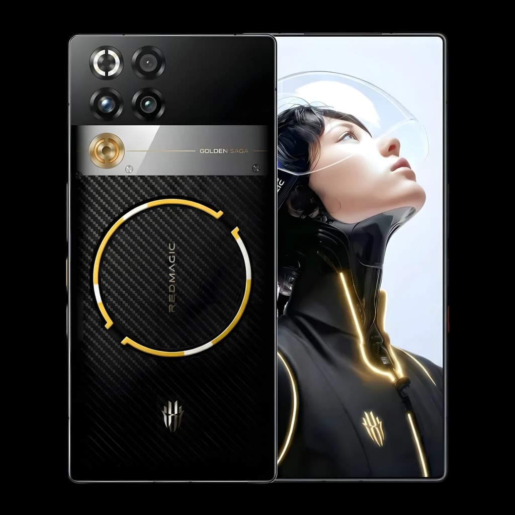 Nubia RedMagic 11 Pro 5G Golden Saga con trasera carbono negro, aro dorado RedMagic, módulo triple con aro dorado, frontal AMOLED casi sin bordes