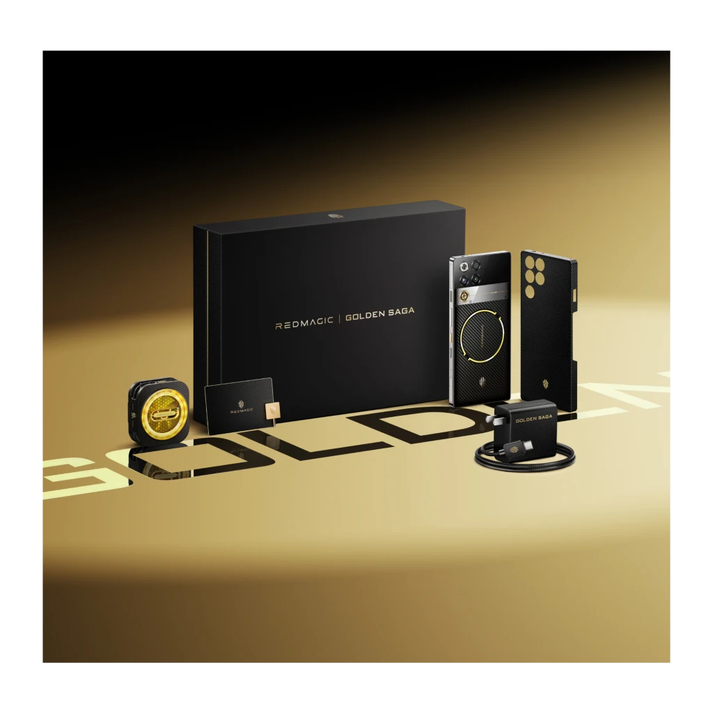 Nubia RedMagic 11 Pro 5G Golden Saga com traseira preta em fibra de carbono, anel dourado circular, módulo de câmeras triplo e tela AMOLED quase sem bordas - Item8