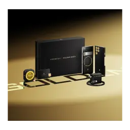 Edición Golden Saga en negro y dorado: smartphone gaming, funda modular, cable, cargador y accesorios premium con detalles metálicos y acabado texturizado