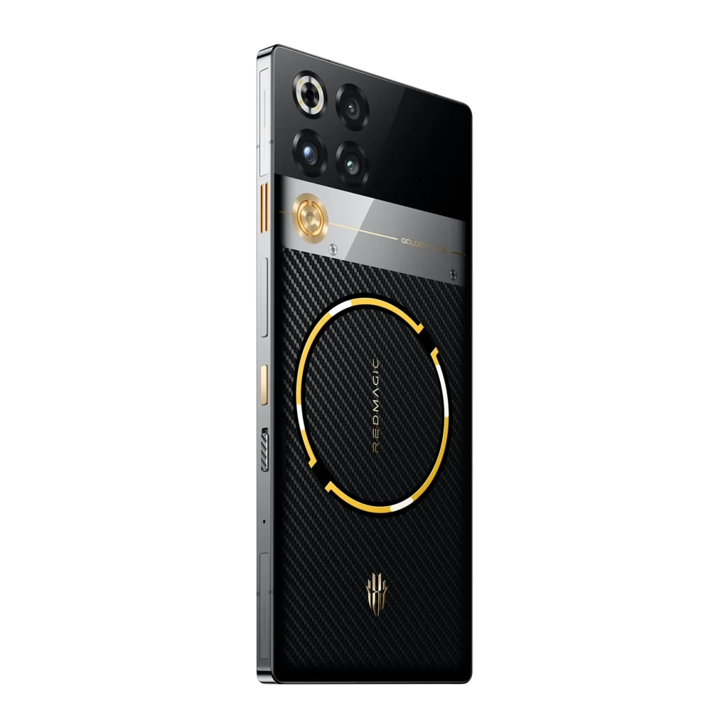 Nubia RedMagic 11 Pro 5G Golden Saga com traseira preta em fibra de carbono, anel dourado circular, módulo de câmeras triplo e tela AMOLED quase sem bordas - Item6