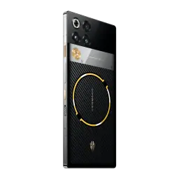 Nubia RedMagic 11 Pro 5G Golden Saga con trasera negra de fibra de carbono, acentos dorados, anillo LED circular y módulo de triple cámara vertical