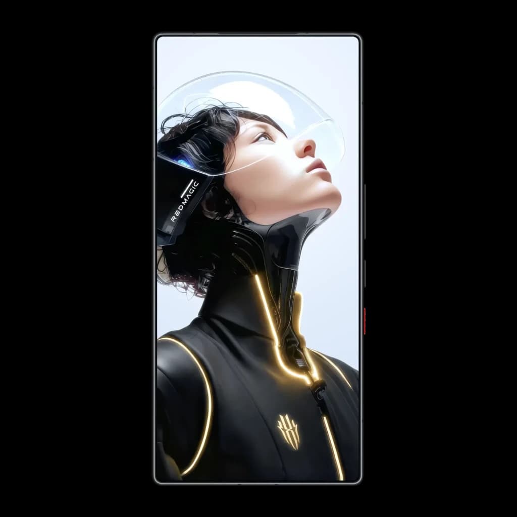 Pantalla AMOLED 6,85 pulgadas casi sin bordes, cámara frontal oculta y marcos negros finos; imagen promocional con estética futurista y luz neón