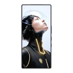 Pantalla AMOLED 6,85 pulgadas casi sin bordes, cámara frontal oculta y marcos negros finos; imagen promocional con estética futurista y luz neón