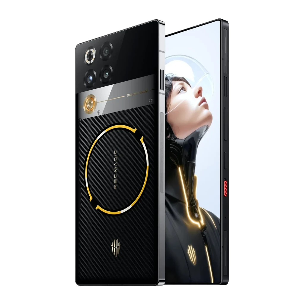 Nubia RedMagic 11 Pro 5G Golden Saga com traseira preta em fibra de carbono, anel dourado circular, módulo de câmeras triplo e tela AMOLED quase sem bordas - Item1