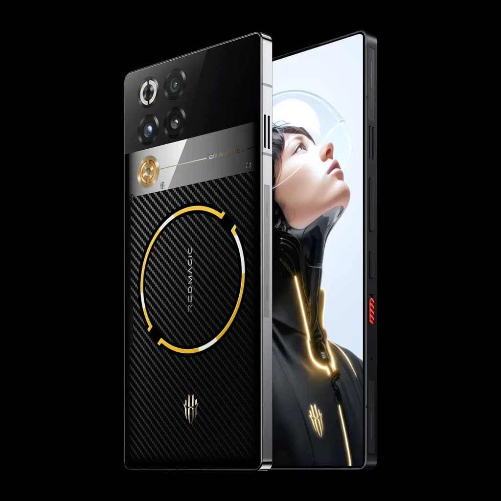 Nubia RedMagic 11 Pro 5G Golden Saga con trasera negra texturizada, detalles dorados, módulo triple de cámara grande y pantalla AMOLED casi sin bordes