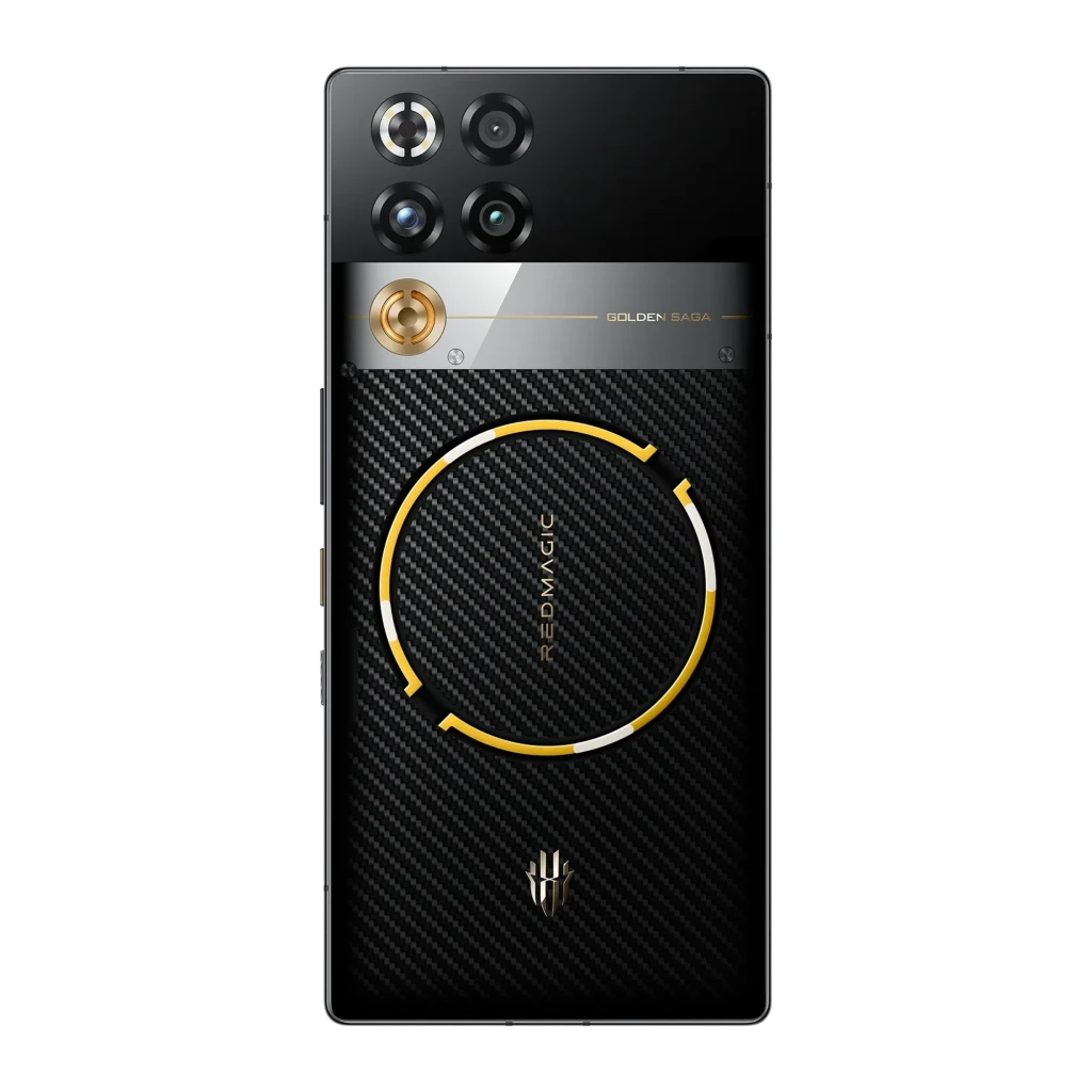 Nubia RedMagic 11 Pro 5G Golden Saga com traseira preta em fibra de carbono, anel dourado circular, módulo de câmeras triplo e tela AMOLED quase sem bordas - Item5