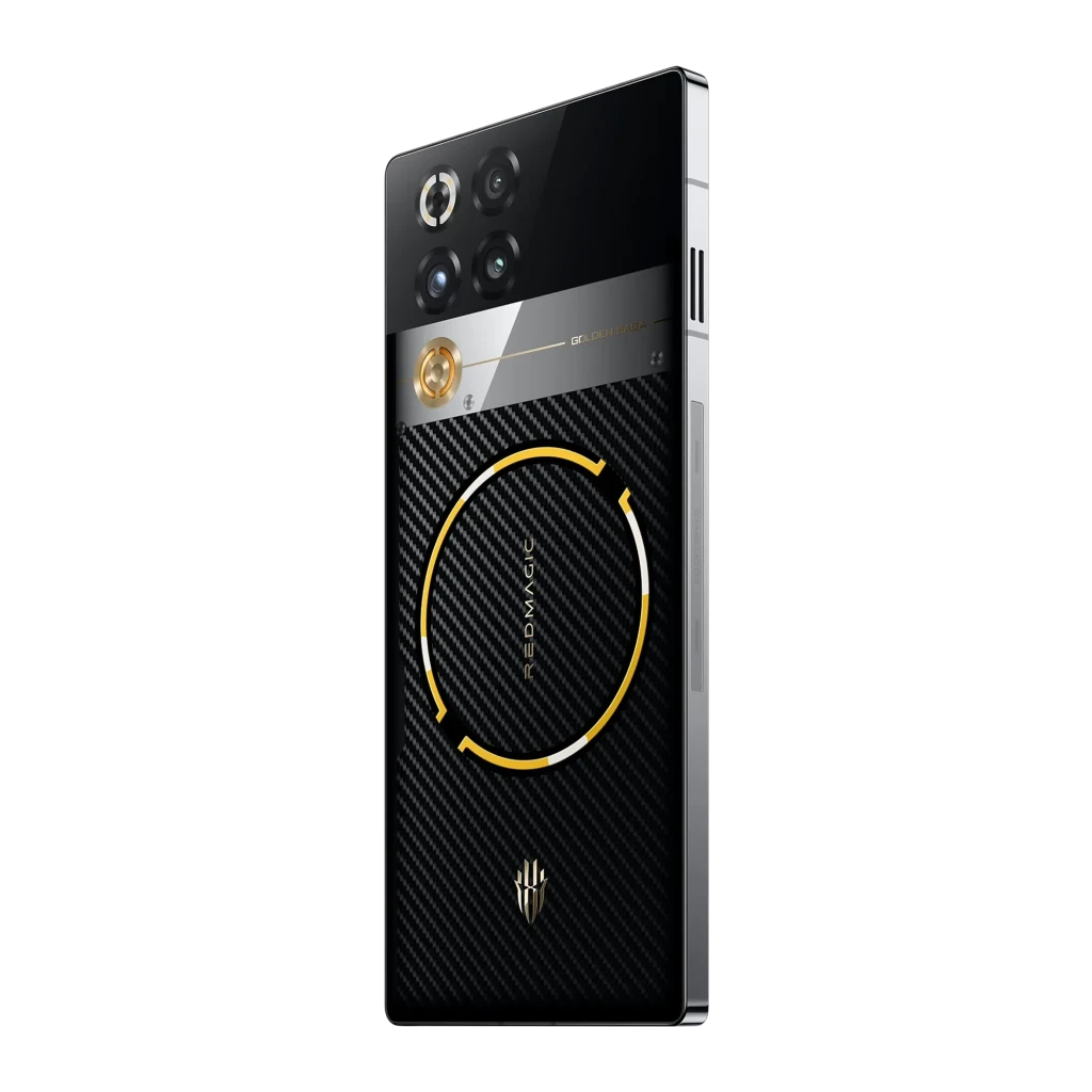Nubia RedMagic 11 Pro 5G Golden Saga com traseira preta em fibra de carbono, anel dourado circular, módulo de câmeras triplo e tela AMOLED quase sem bordas - Item4