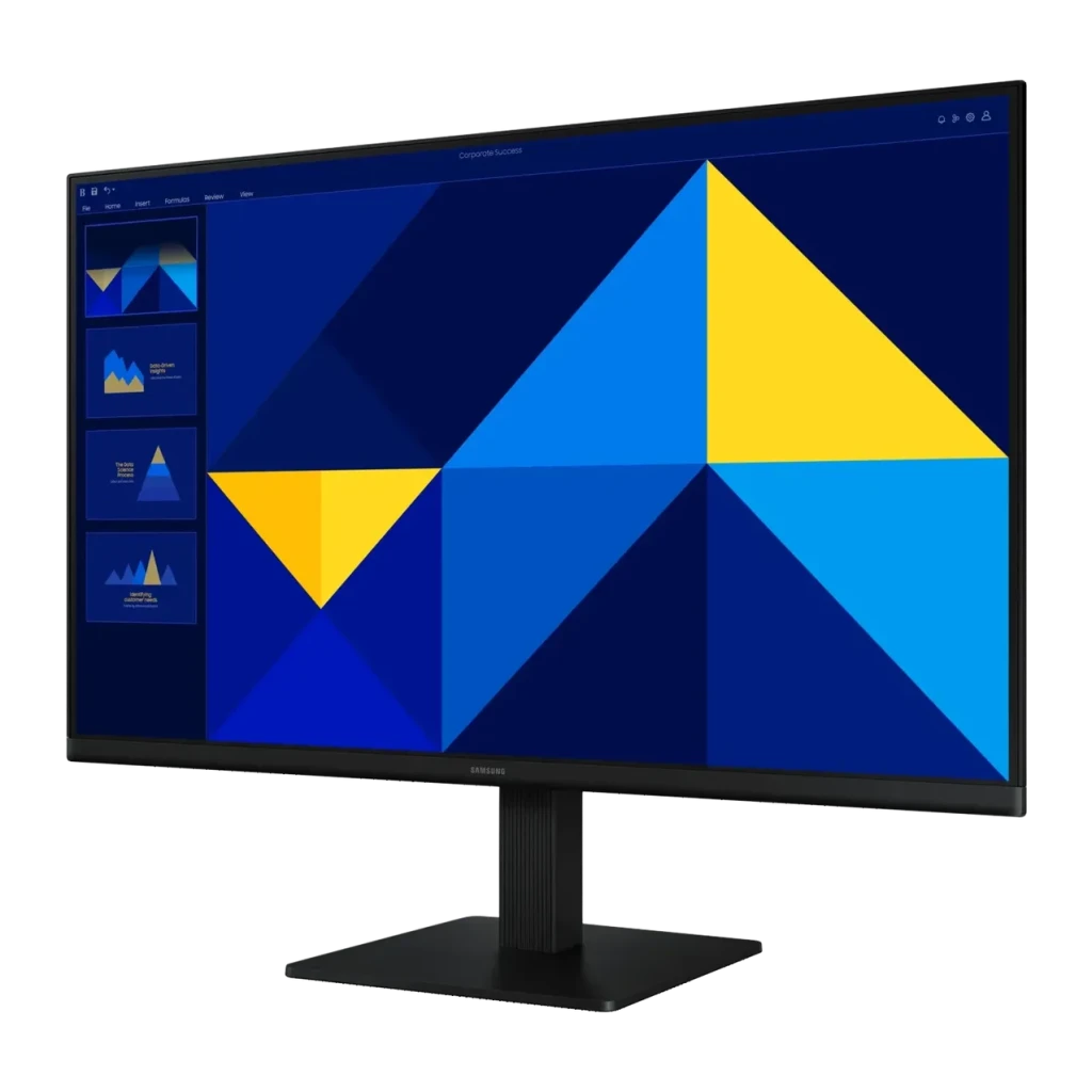 Moniteur Samsung Essential S3 S30GD 27 pouces FHD IPS 100Hz 5ms GTG Noir, détail: vue de côté avec écran allumé affichant