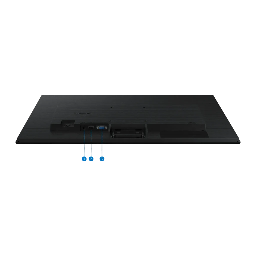 Moniteur Samsung Essential S3 S30GD 27 pouces FHD IPS 100Hz 5ms GTG Noir, détail arrière: ports HDMI et VGA signalés par