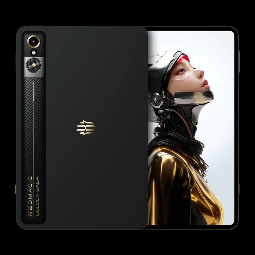 Tablette Nubia RedMagic Astra Golden Saga noire, dos mat avec accent carbone et logo doré, double capteur vertical cerclé or, écran OLED 9,06 pouces bord à