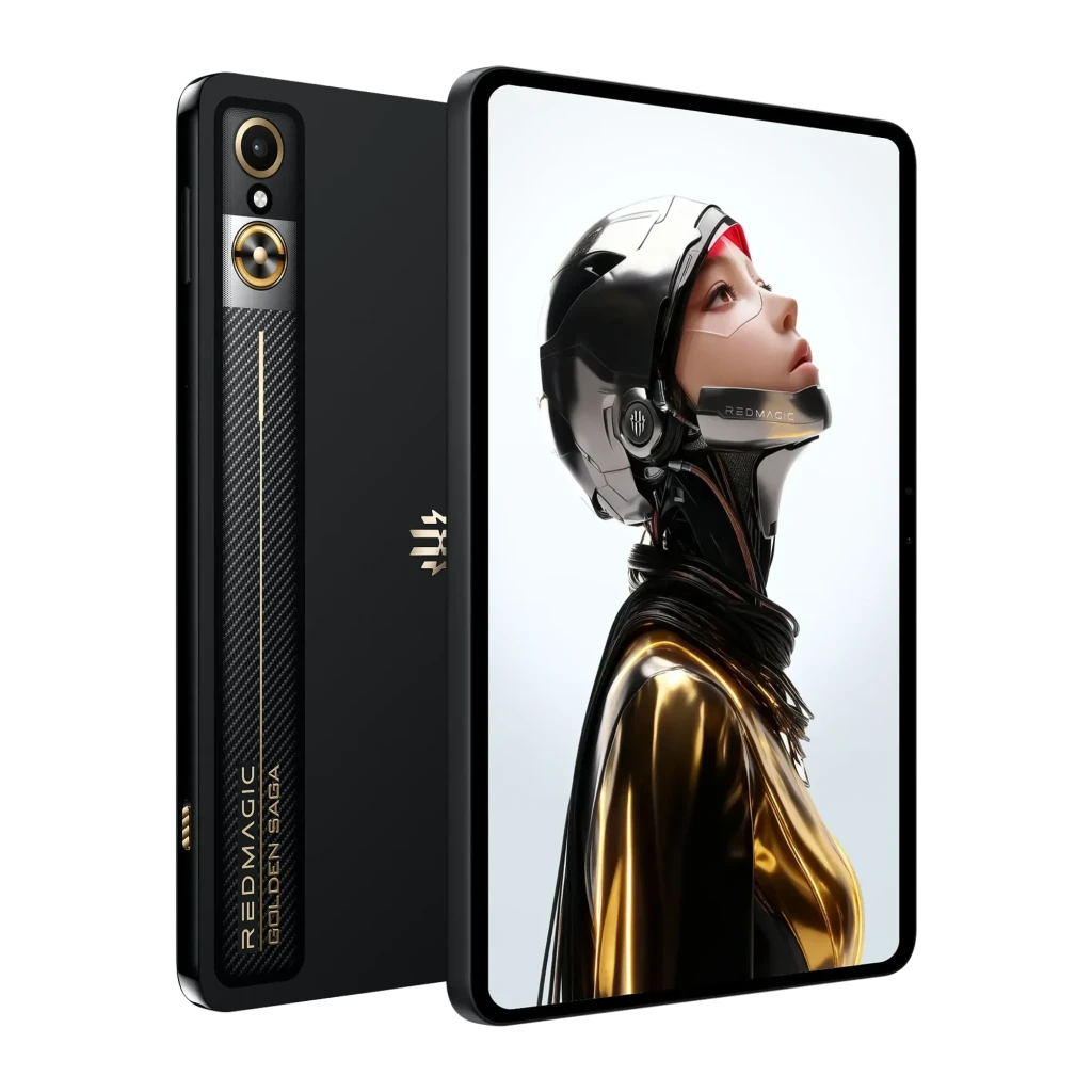 Tablet Nubia RedMagic Astra Golden Saga preta, traseira com faixa carbono e câmera dupla; tela OLED 9,06 pol 165Hz exibindo arte futurista em dourado e preto - Item7