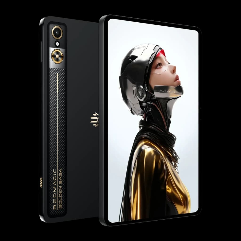 Nubia RedMagic Astra Golden Saga noir et or, double capteur arrière avec anneau doré, écran OLED 9,06 pouces 165Hz, finitions métalliques élégantes