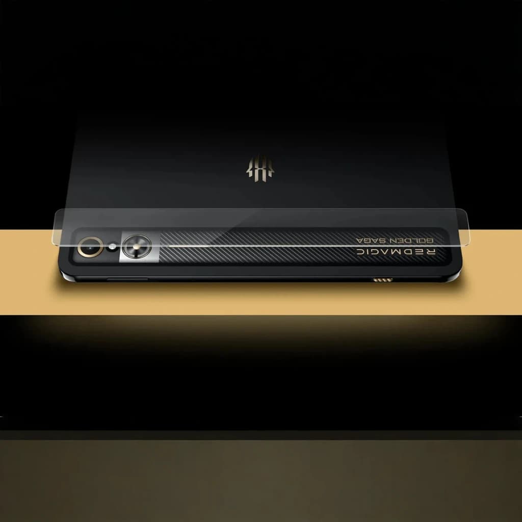 Module caméra arrière du Nubia RedMagic Astra Golden Saga en noir et or, bande fibre carbone, anneau lentille proéminent, accents gaming élégants