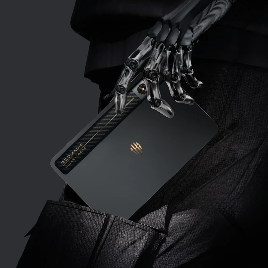 Tablet Nubia RedMagic Astra Golden Saga preta, traseira com faixa carbono e câmera dupla; tela OLED 9,06 pol 165Hz exibindo arte futurista em dourado e preto - Item4