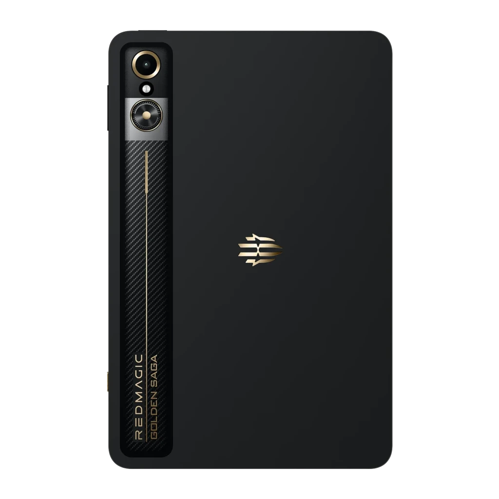 Tablet Nubia RedMagic Astra Golden Saga preta, traseira com faixa carbono e câmera dupla; tela OLED 9,06 pol 165Hz exibindo arte futurista em dourado e preto - Item2