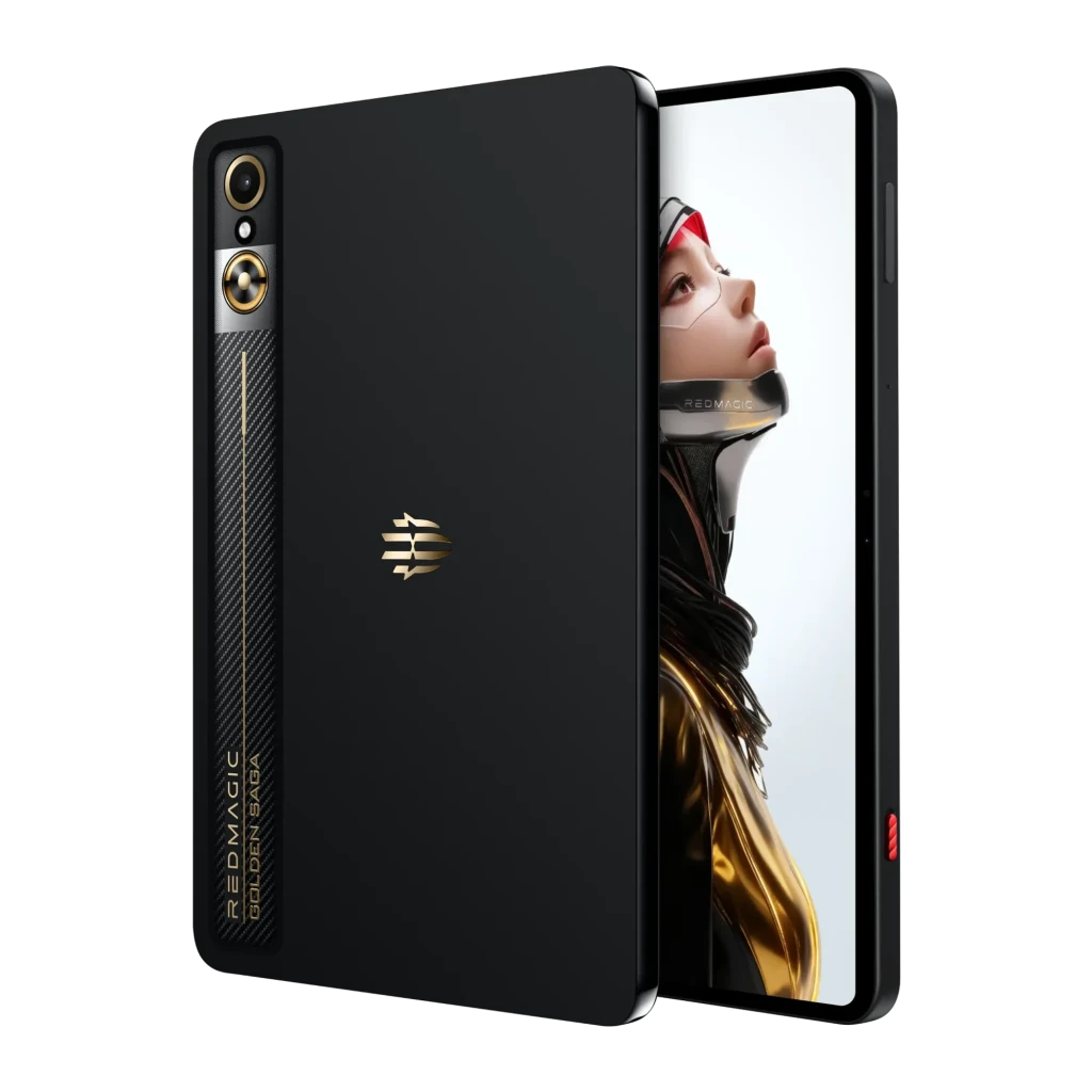 Tablet Nubia RedMagic Astra Golden Saga preta, traseira com faixa carbono e câmera dupla; tela OLED 9,06 pol 165Hz exibindo arte futurista em dourado e preto - Item1