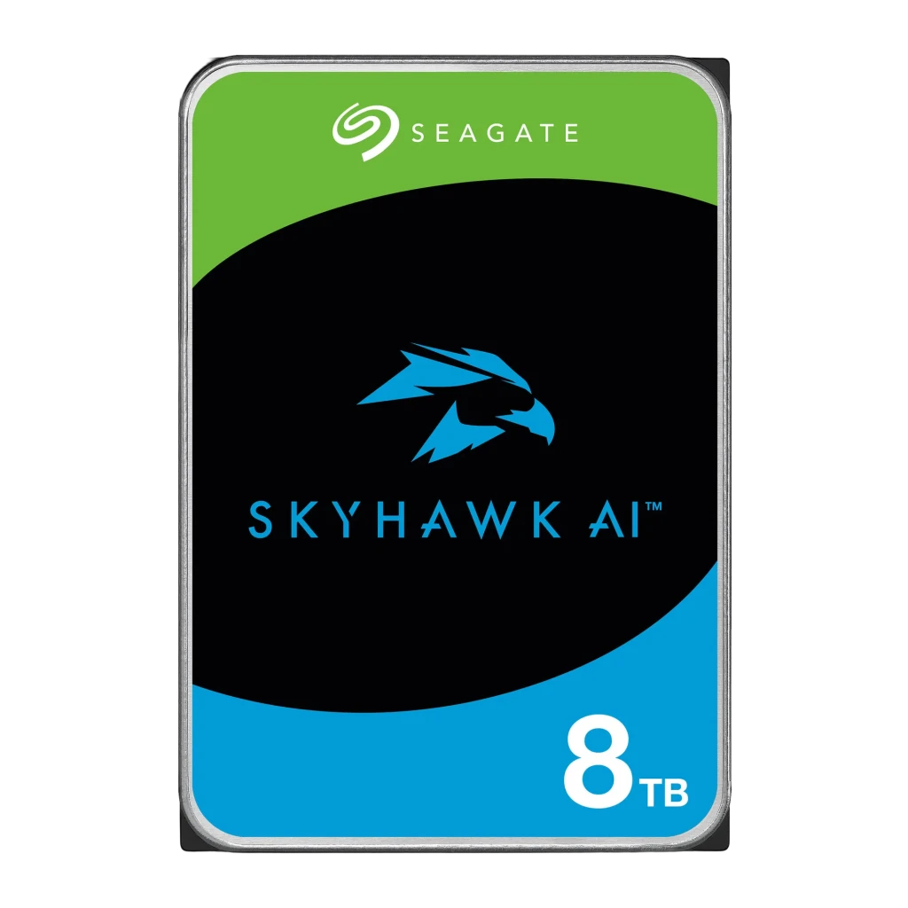 Disco rígido Seagate SkyHawk AI 8TB 3.5 polegadas 7200RPM ST8000VE001, vista frontal: etiqueta preta e verde com logótipo
