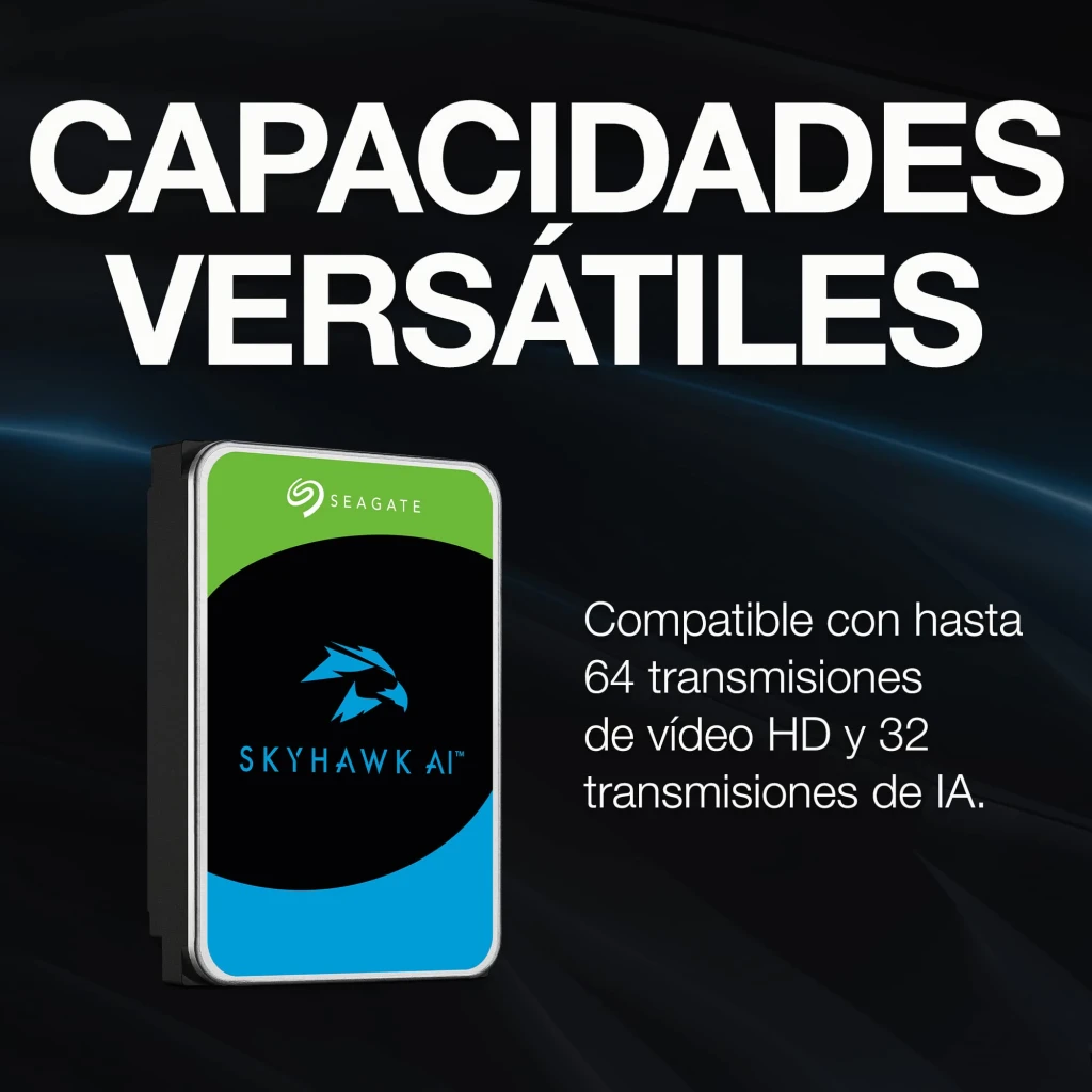 Disco rígido Seagate SkyHawk AI 8TB 3.5 polegadas 7200RPM ST8000VE001, vista frontal: disco em ângulo com texto capacidades