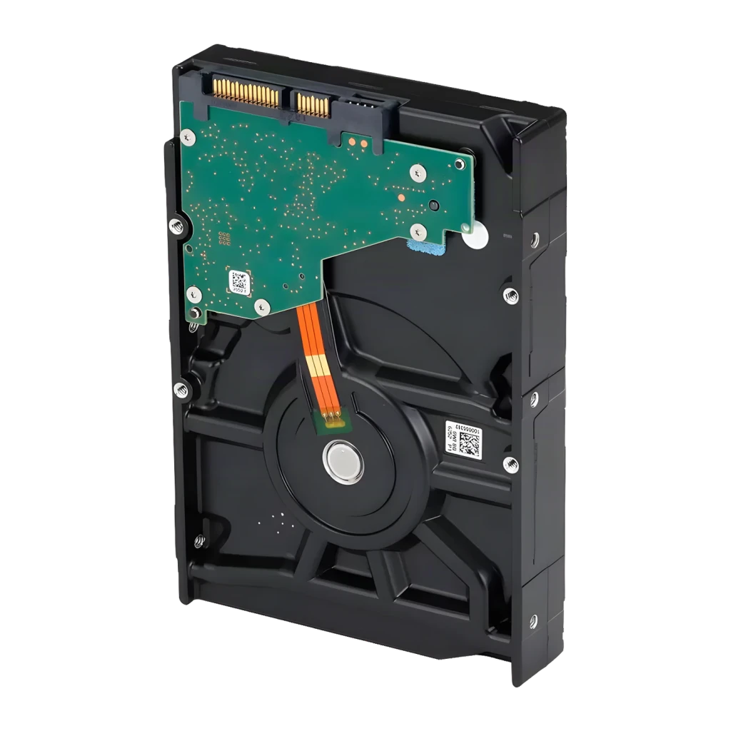Disco rígido Seagate SkyHawk AI 8TB 3.5 polegadas 7200RPM ST8000VE001, vista traseira: PCB verde com conectores SATA e cabo