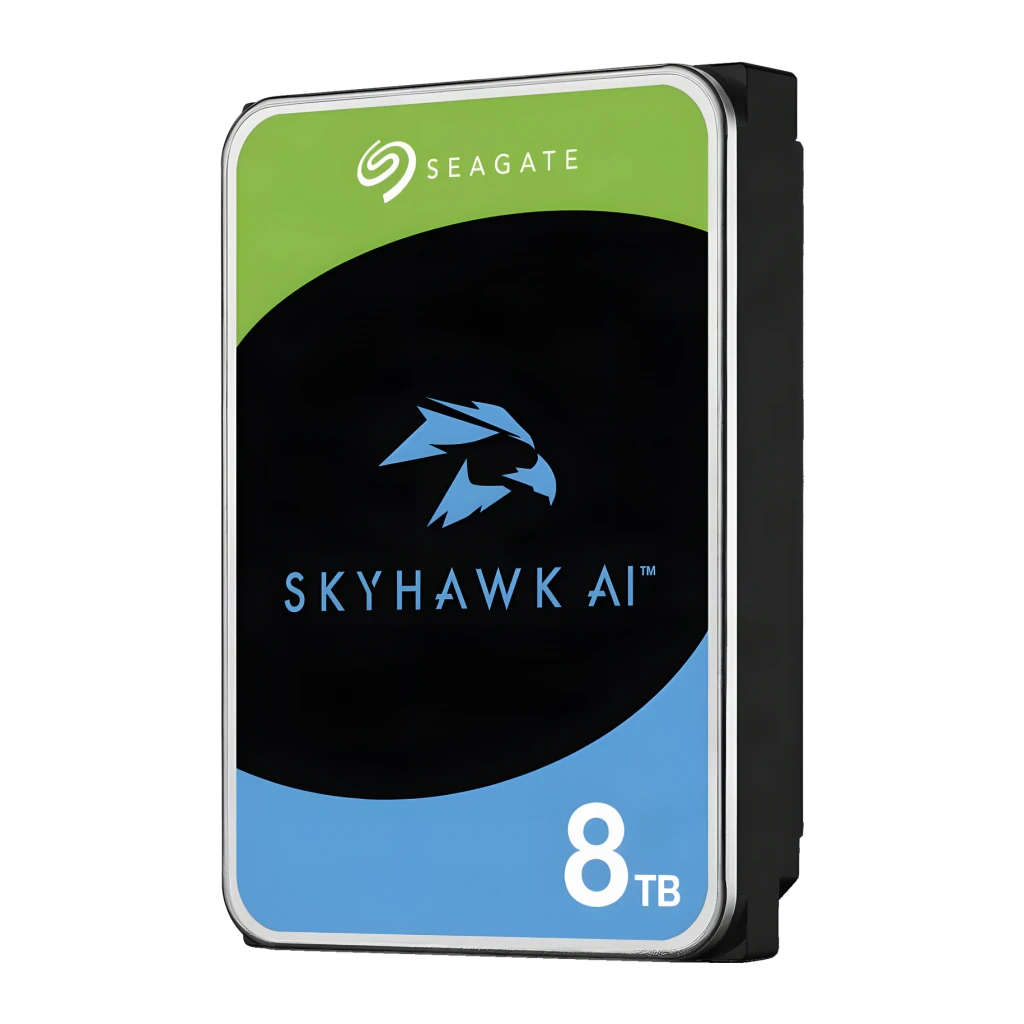 Disco rígido Seagate SkyHawk AI 8TB 3.5 polegadas 7200RPM ST8000VE001, detalhe: etiqueta frontal com logo falcão, marca