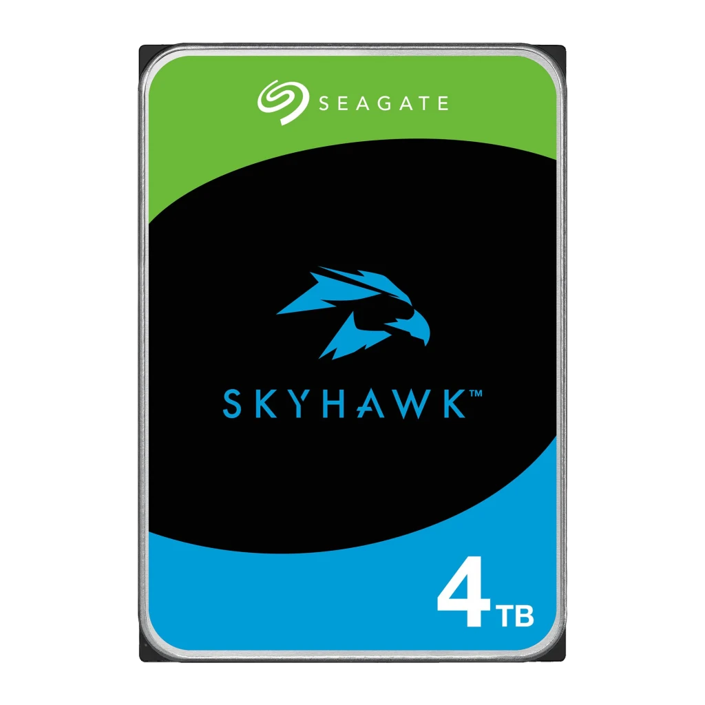 Disco duro Seagate SkyHawk 4TB 3.5 pulgadas ST4000VX016, vista frontal: etiqueta negra con logo águila azul y capacidad 4TB