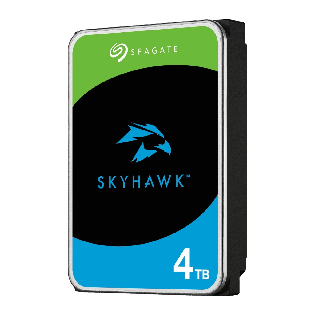 Disco duro Seagate SkyHawk 4TB 3.5 pulgadas ST4000VX016, detalle: etiqueta frontal con logo SkyHawk, águila azul y capacidad