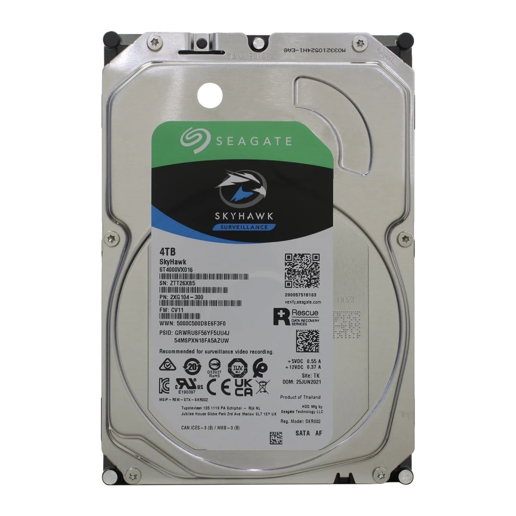 Disco duro Seagate SkyHawk 4TB 3.5 pulgadas ST4000VX016, detalle: etiqueta frontal con logo, código de barras