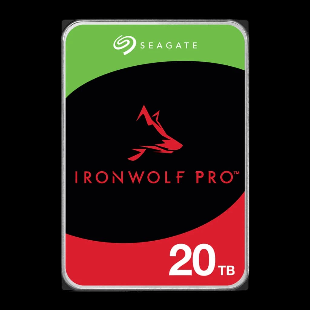 Disco rígido Seagate IronWolf Pro 20TB 3.5 polegadas 7200RPM ST20000NT001, vista frontal: etiqueta preta com logótipo lobo