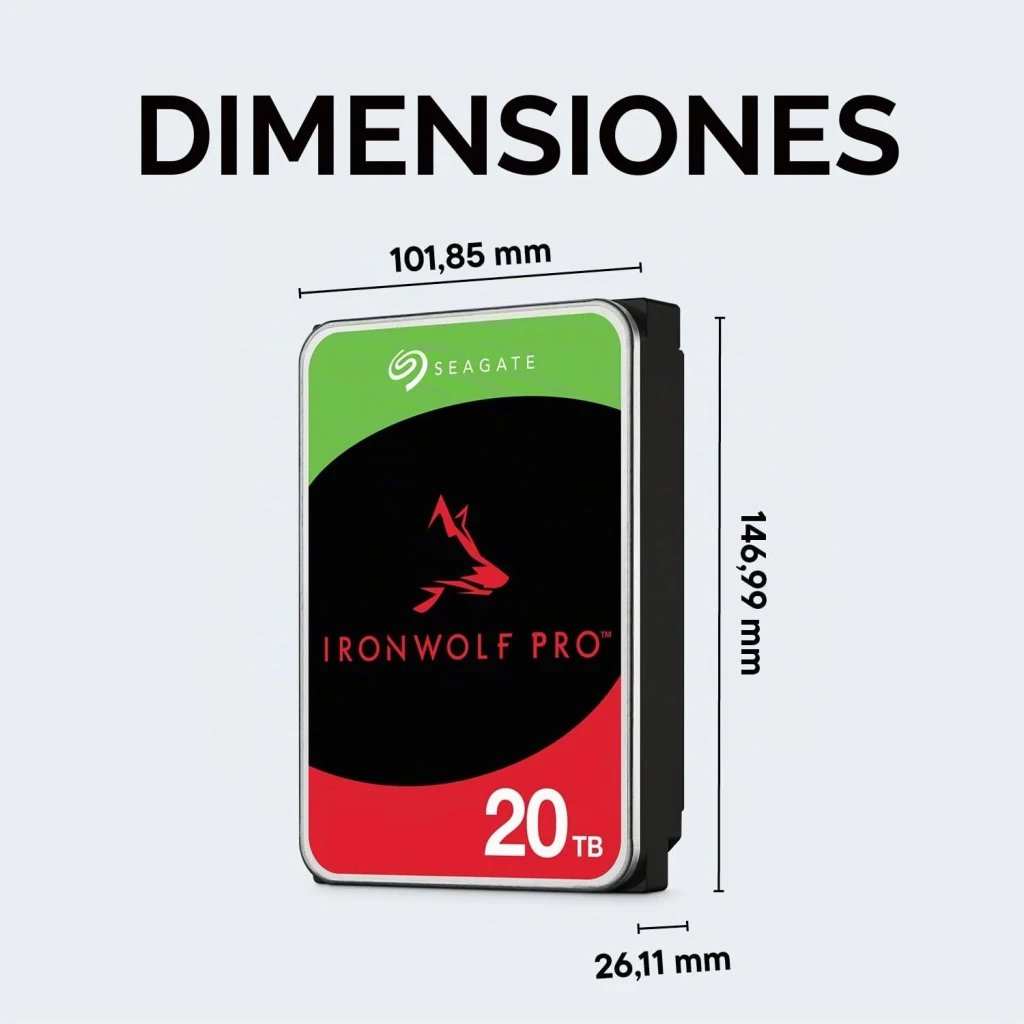 Disco rígido Seagate IronWolf Pro 20TB 3.5 polegadas 7200RPM ST20000NT001, dimensões: 101,85 mm largura, 146,99 mm altura