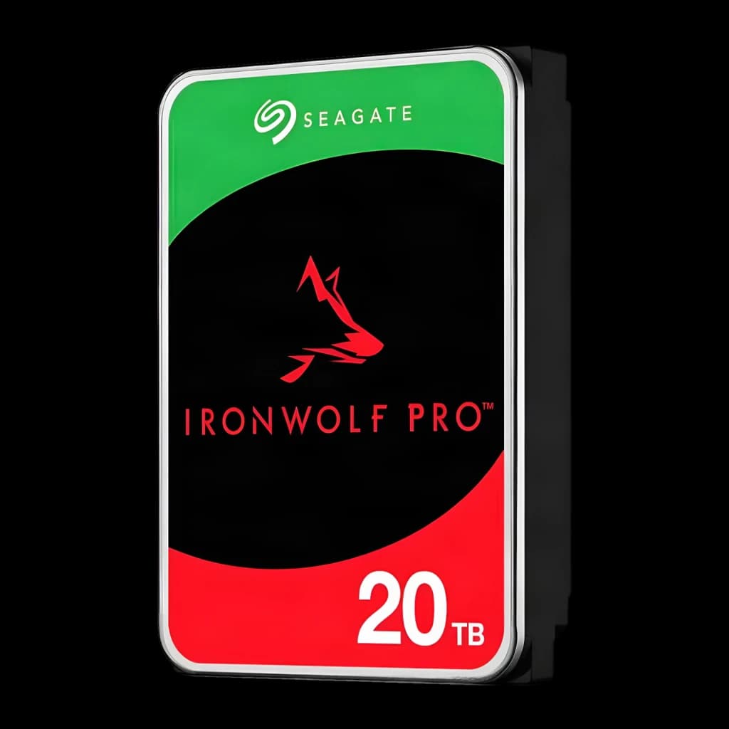 Disco rígido Seagate IronWolf Pro 20TB 3.5 polegadas 7200RPM ST20000NT001, detalhe: etiqueta frontal com logo lobo vermelho