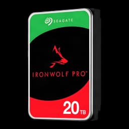 Disco rígido Seagate IronWolf Pro 20TB 3.5 polegadas 7200RPM ST20000NT001, detalhe: etiqueta frontal com logo lobo vermelho