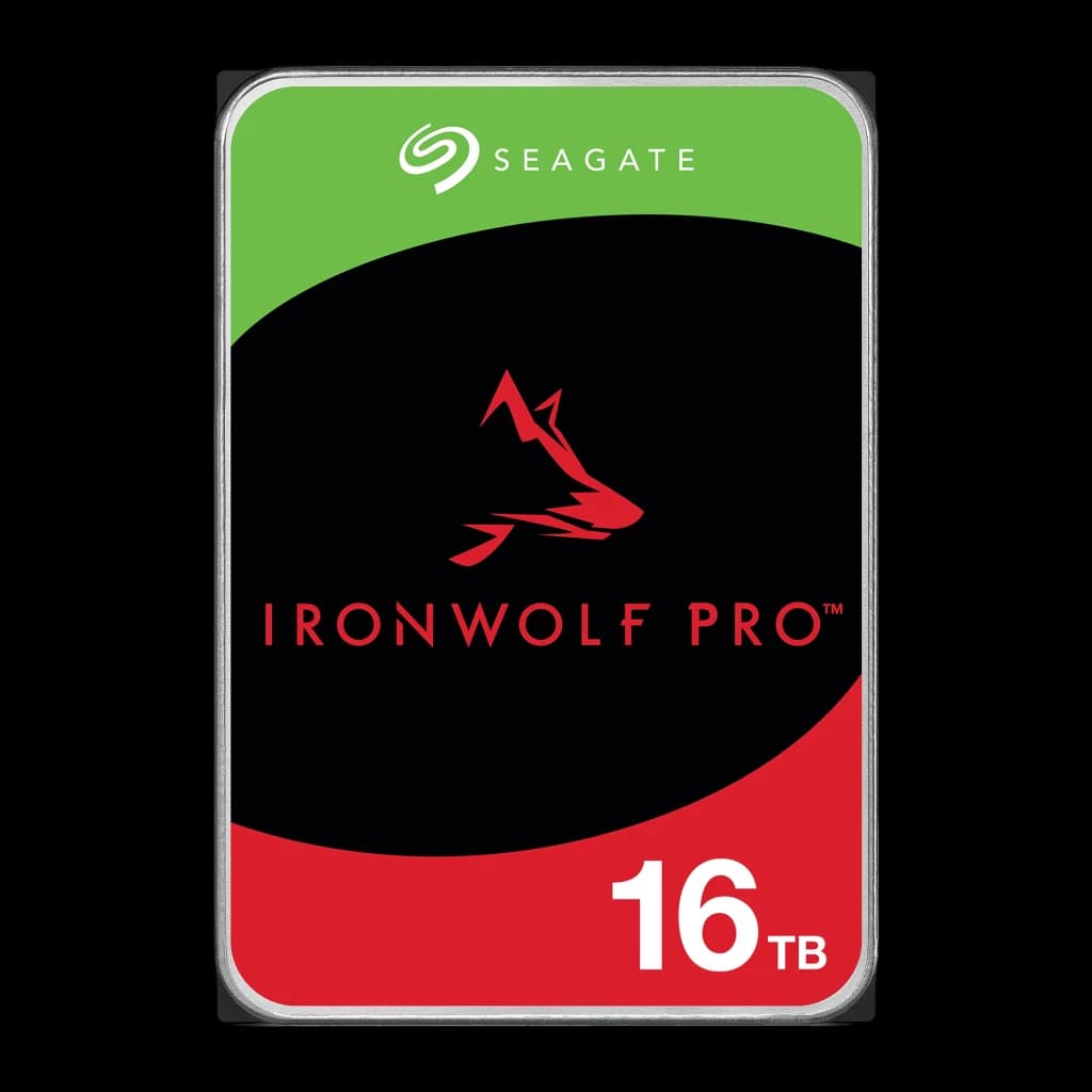 Disco rígido Seagate IronWolf Pro 16TB 3.5 polegadas HDD 7200RPM ST16000NT001, vista frontal: etiqueta com logo lobo