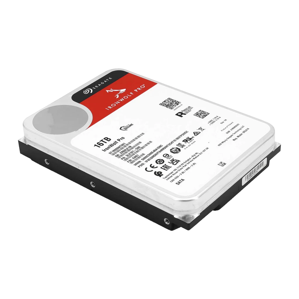 Disco rígido Seagate IronWolf Pro 16TB 3.5 polegadas HDD 7200RPM ST16000NT001, detalhe: etiqueta superior com logo IronWolf