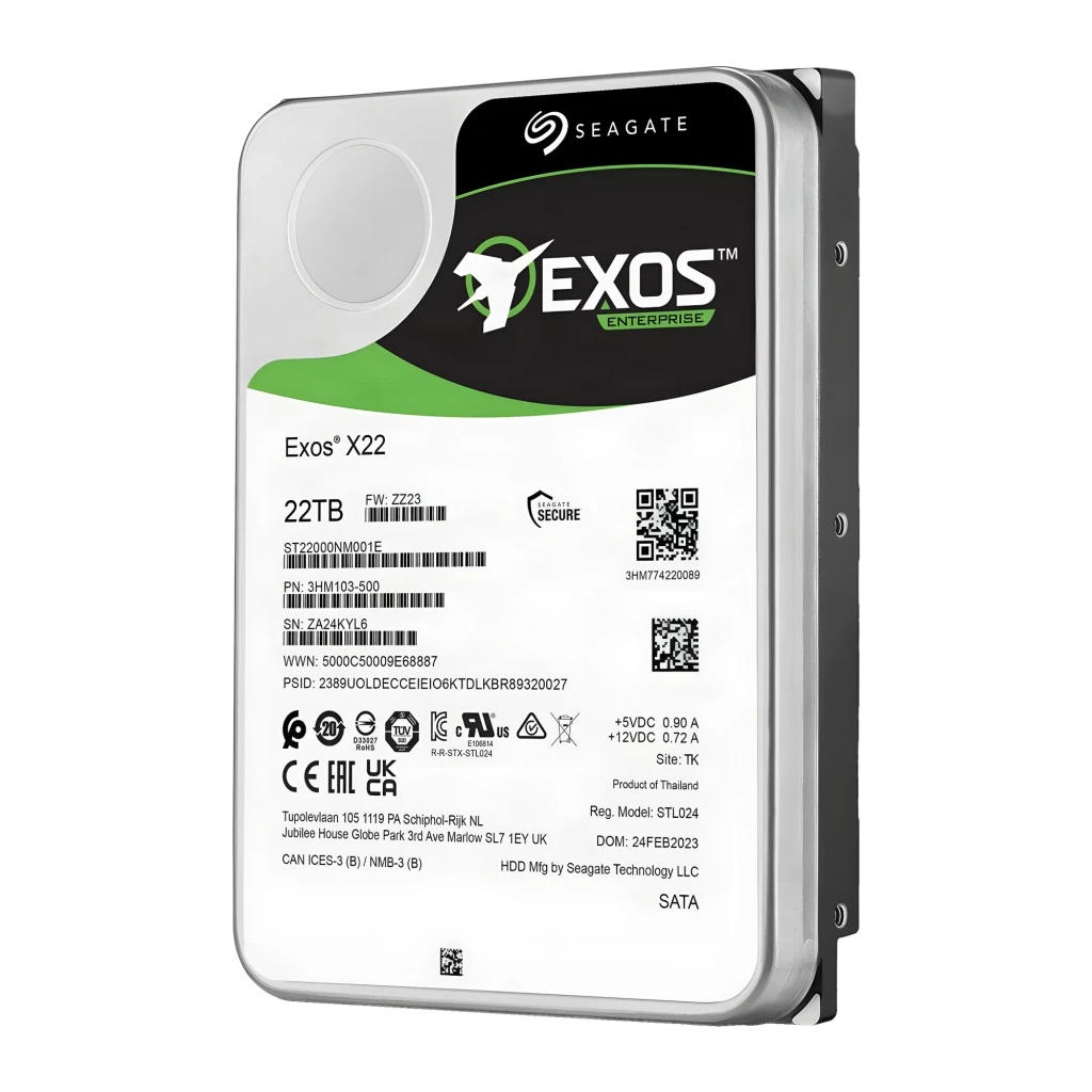 Disco duro Seagate Exos X22 22TB 3.5 pulgadas 7200RPM ST22000NM001E, vista frontal: etiqueta con logo Exos, capacidad 22TB