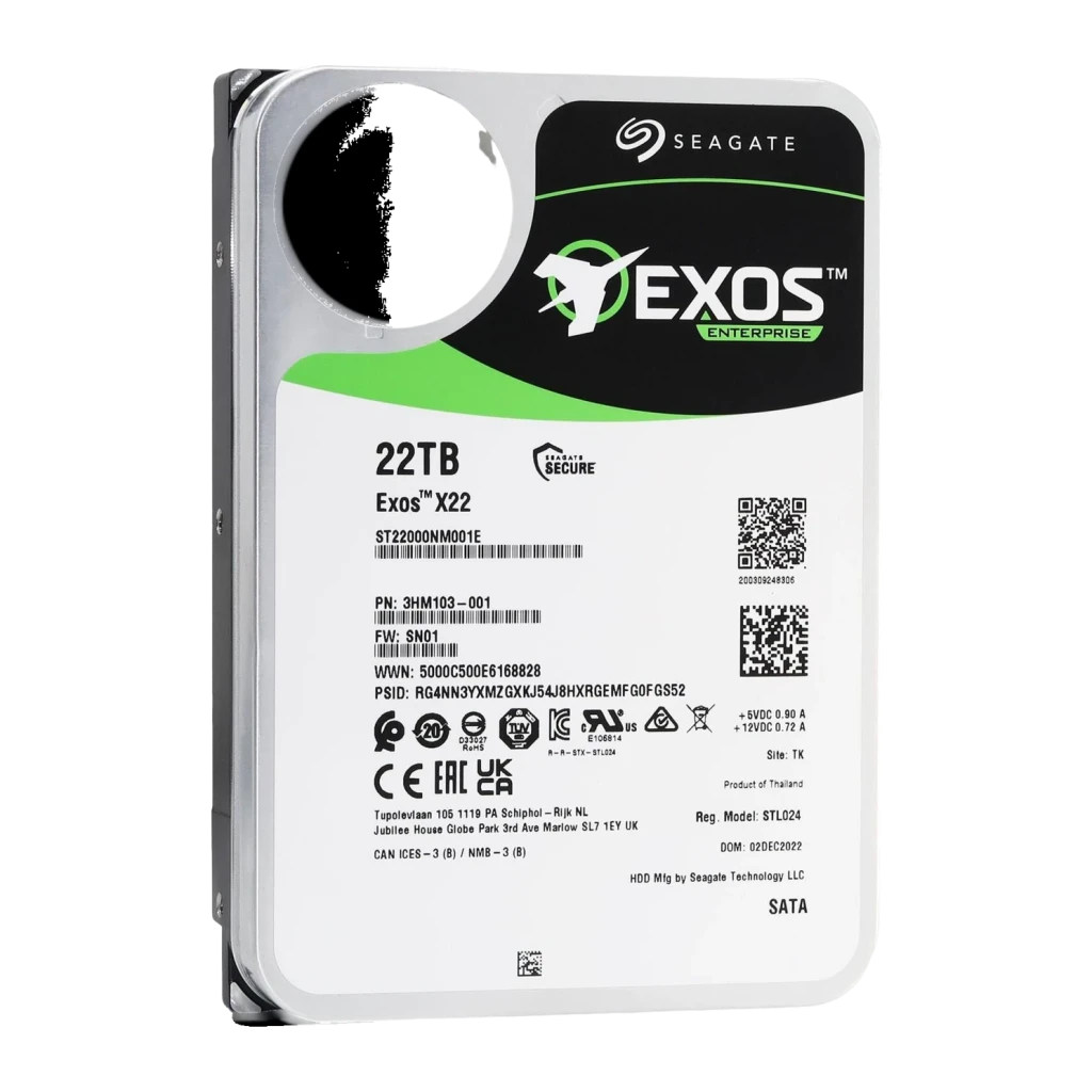 Disco duro Seagate Exos X22 22TB 3.5 pulgadas 7200RPM ST22000NM001E, detalle: etiqueta frontal con capacidad, número