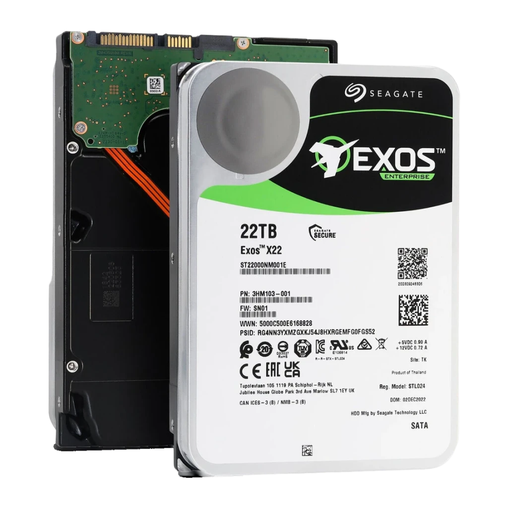 Disco duro Seagate Exos X22 22TB 3.5 pulgadas 7200RPM ST22000NM001E, detalle: etiqueta frontal con modelo y PCB verde