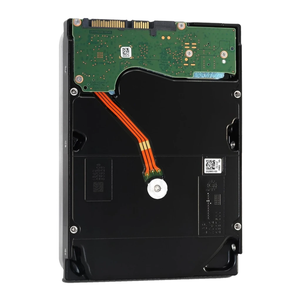 Disco duro Seagate Exos X22 22TB 3.5 pulgadas 7200RPM ST22000NM001E, vista trasera: PCB verde con cable plano naranja