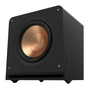 Klipsch RP-1400SW Subwoofer 500 W RMS con gabinete negro texturizado y driver frontal color cobre, esquinas redondeadas y pies antivibración