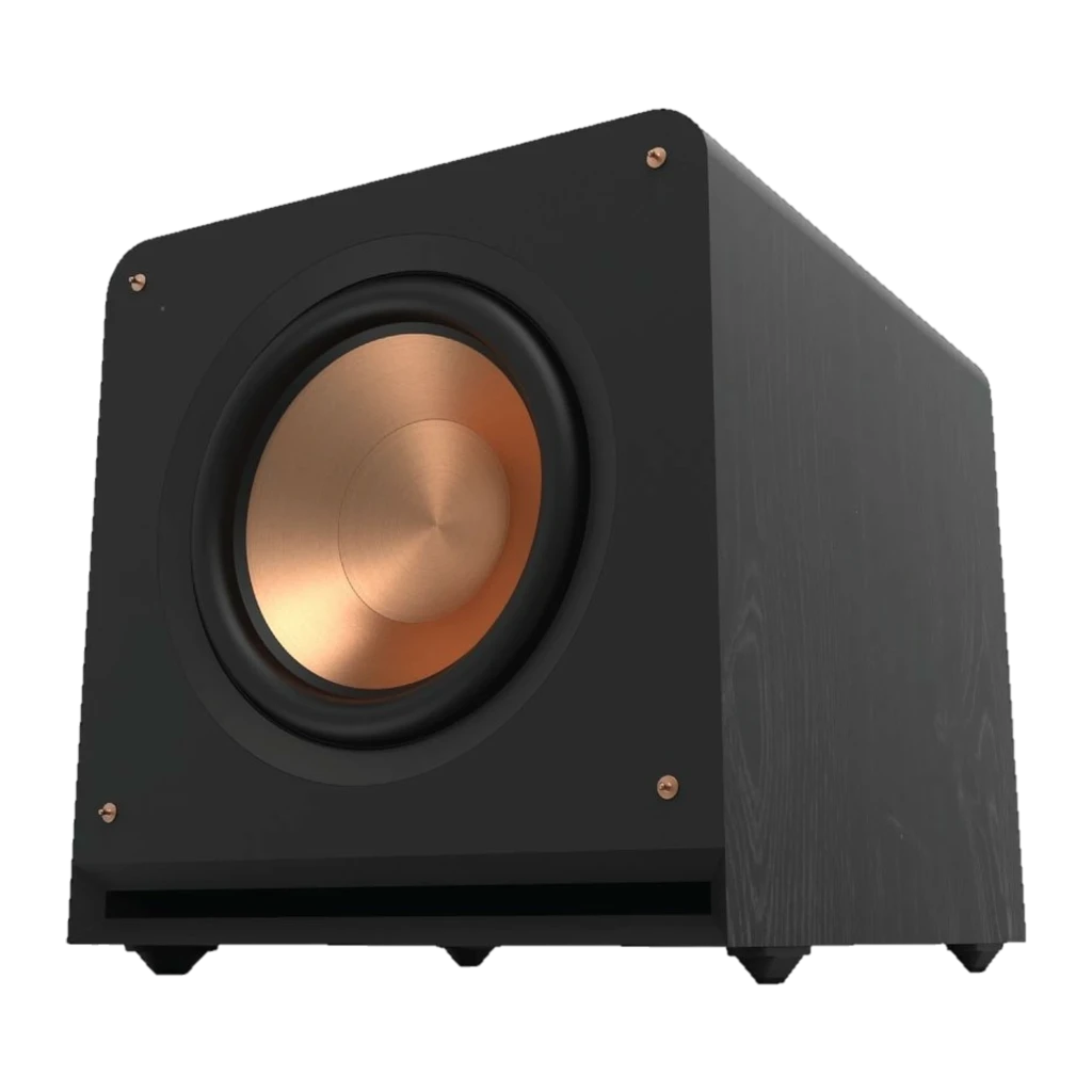 Klipsch RP-1400SW Subwoofer 500 W RMS con gabinete negro texturizado y driver frontal color cobre, esquinas redondeadas y pies antivibración - Ítem1