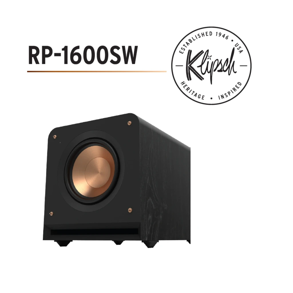 Klipsch RP-1600SW Subwoofer 800 W RMS negro con cono de cobre cepillado, gabinete cuadrado elegante y puerto frontal; diseño robusto y moderno - Ítem5