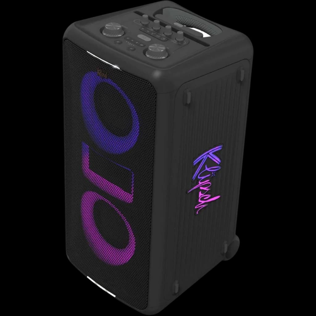 Klipsch Miami Bluetooth 18 h IPX4, enceinte noire verticale avec grille lumineuse dégradé violet bleu et logo latéral néon, boutons et poignée supérieurs