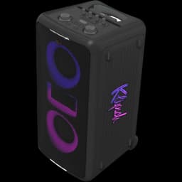 Klipsch Miami Bluetooth 18 h IPX4, enceinte noire verticale avec grille lumineuse dégradé violet bleu et logo latéral néon, boutons et poignée supérieurs