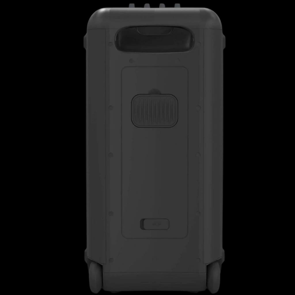 Klipsch Miami Bluetooth 18 h IPX4 vu de dos, boîtier noir robuste à roulettes, poignée supérieure intégrée, panneau arrière avec trappe et commandes