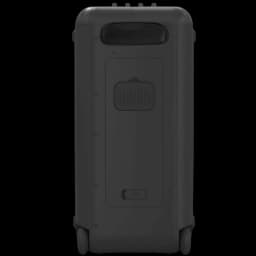 Klipsch Miami Bluetooth 18 h IPX4 vu de dos, boîtier noir robuste à roulettes, poignée supérieure intégrée, panneau arrière avec trappe et commandes