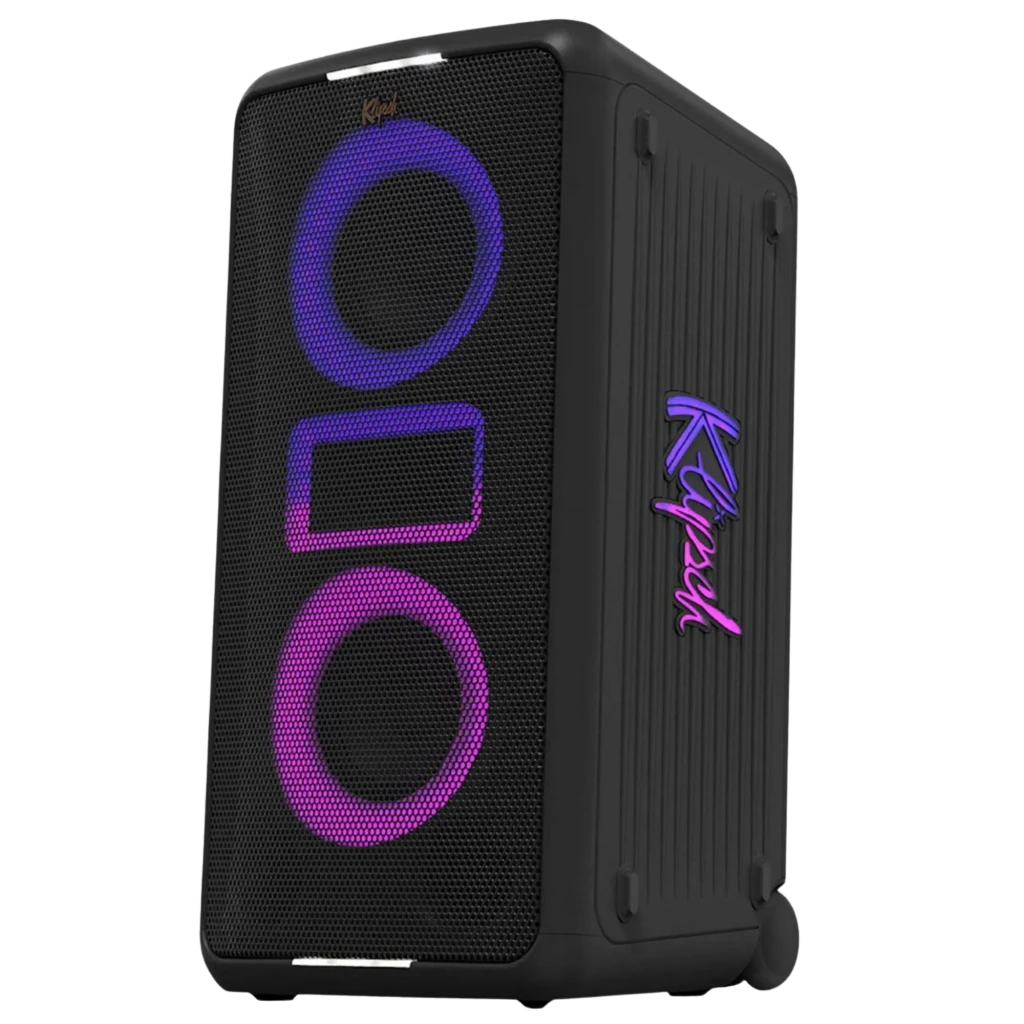 Klipsch Miami Bluetooth 18 h IPX4, enceinte noire verticale avec grille lumineuse dégradé violet bleu et logo latéral néon, boutons et poignée supérieurs - Ítem1