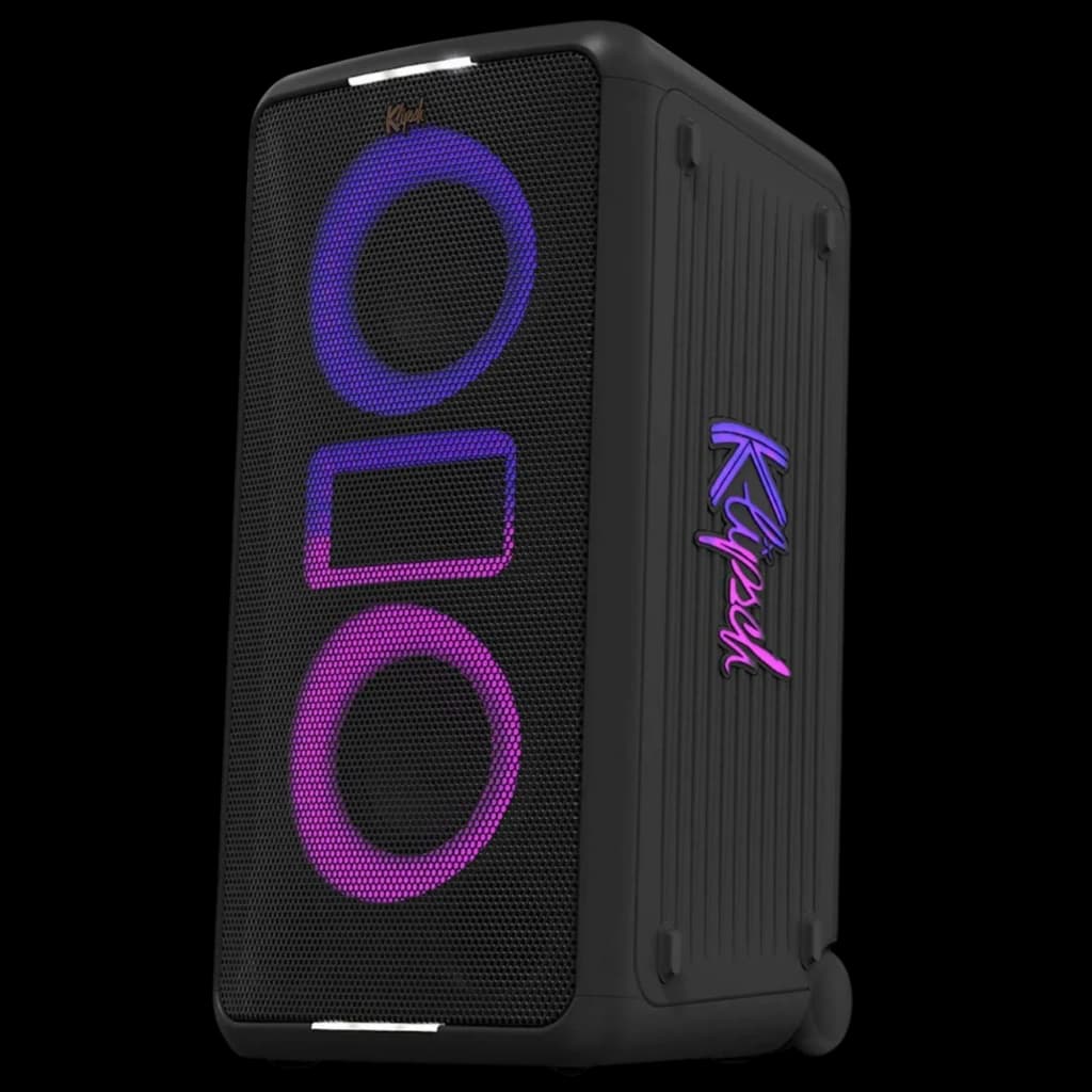 Klipsch Miami Bluetooth 18 h IPX4 avec grille noire, anneaux LED violets et bleus, logo latéral lumineux, boîtier robuste sur roulettes et coin renforcé